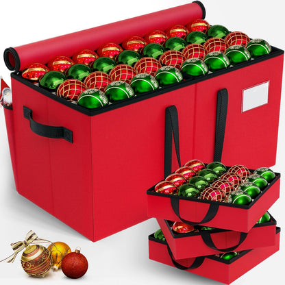 EverMerry Christmas Ornament Storage Box - Large & Sturdy Christmas Storage Container with Adjustable Dividers, 8 Individual Trays and Handles, Holds up to 128 Holiday Decorations (Red)