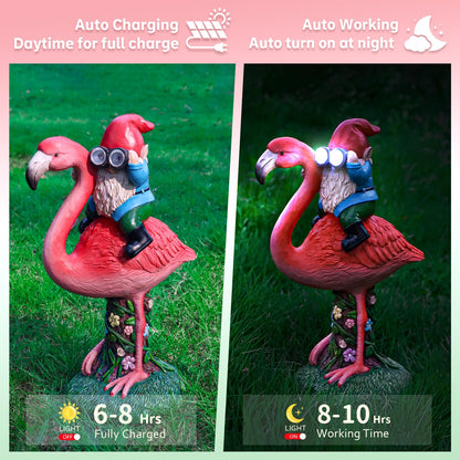 ArtTerpnica Solar Flamingo Gnome Garden Decor Statue, Outdoor Funny Solar Light Decoration for Yard, Patio, Lawn, Unique Housewarming, Birthday Gift for Women, Mom, Grandma