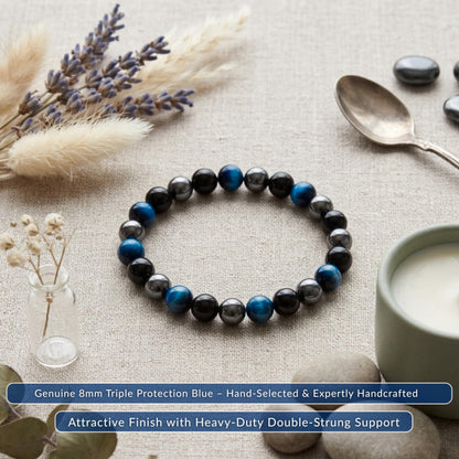 Cherry Tree Collection Triple Protection Blue Beaded Bracelet – Genuine 8mm Gemstone Stretch Bracelet for Men & Women – Handmade Crystal Bracelet - (Triple Protection Blue - S)