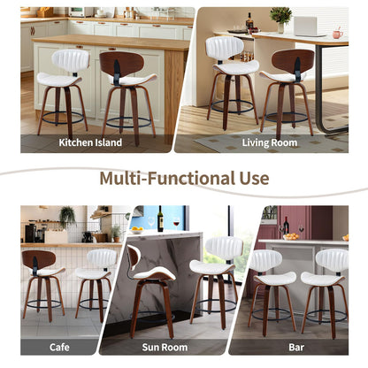 CHIDOCHILO Counter Height Bar Stools Set of 2, 24 inch PU Leather Wooden Bentwood Barstools Swivel Modern Breakfast Bar Chairs with Backrest and Footrest for Kitchen Island, Dining Room D035-White-2