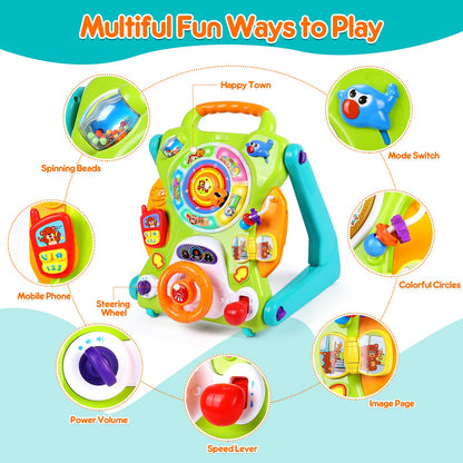 3-in-1 Baby Walker for Boy Girls Sit to Stand Toy Activity Center Drawing Board Infant Toys for 1 Year Old Birthday Gifts 9 12 18 Months 2 3 Year Old Kid Toddler Push Toy Musical Sound Light Effect