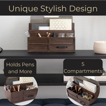 BLU MONACO | Wooden Mail Organizer with Drawer and Pen Holder | Mail Sorter Organizer Countertop for Desk or Kitchen | Outgoing Mail Holder Wood Desktop Storage