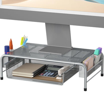 Simple Houseware Metal Desk Monitor Stand Riser with Organizer Drawer, Silver