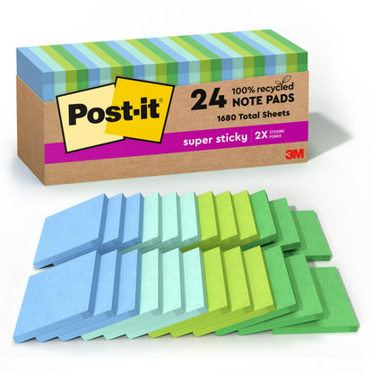 Post-it 100% Recycled Paper Super Sticky Notes, 3 in. x 3 in., 24 Pads, 70 Sheets per Pad, Oasis Collection, School Supplies and Office Products