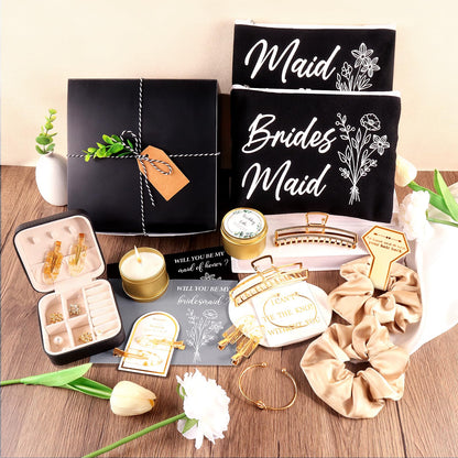 CITYCHALET 73Pcs Bridesmaid Gifts Set of 6 Black,Maid of Honor Proposal Gift Boxes Set,Cosmetic Bag Scented Candle Jewelry Box Metal Hair Clip Knot Bracelet Bachelorette Party Bridal Shower