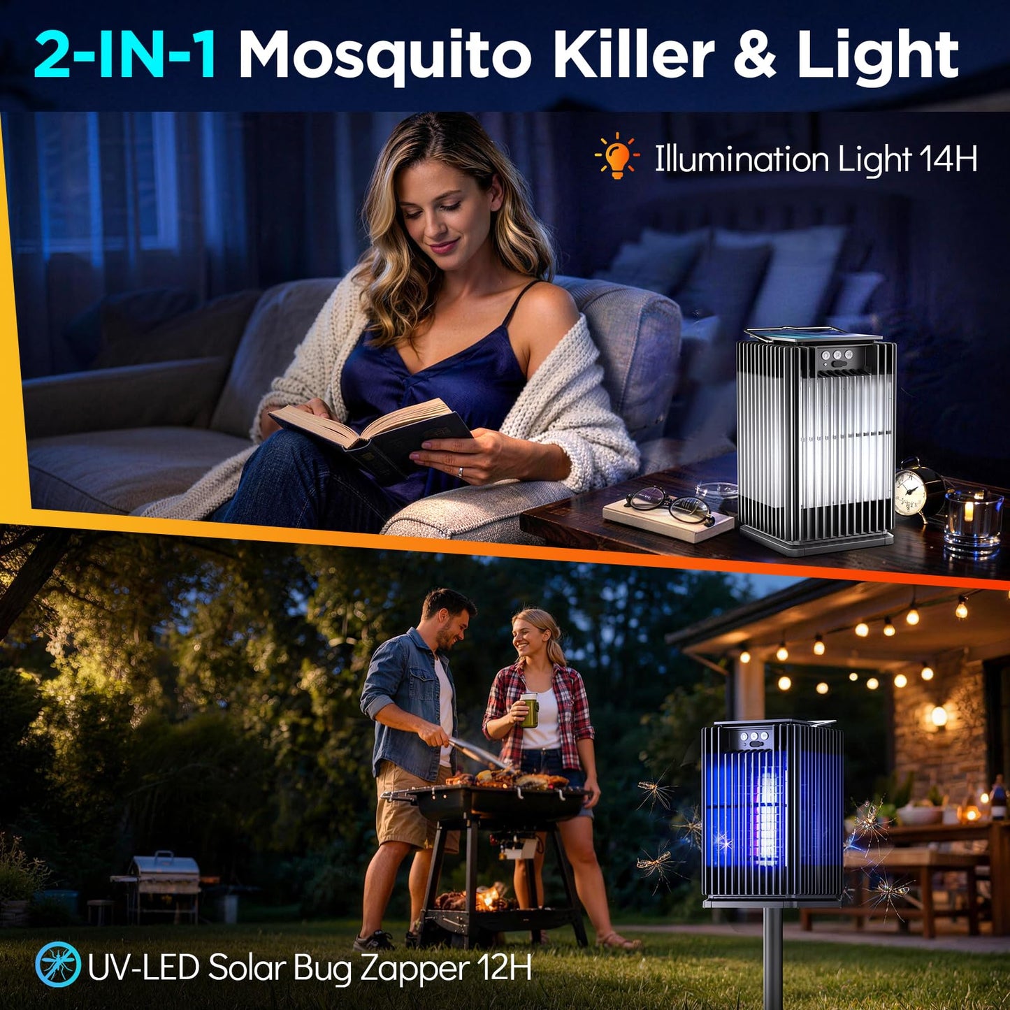 Outdoor Solar Bug Zapper-4200V Cordless Electric Mosquito Zapper with Waterproof Design & Smart Sensor-5000mAh Rechargeable Fly Zapper with Night Light-Mosquito Repellent for Patio, Backyard, Camping