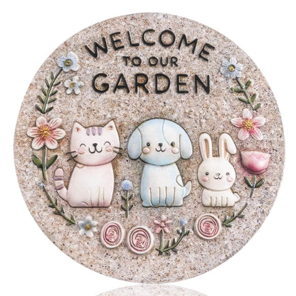 Bechivie Garden Stepping Stones Outdoor, 9.8" Resin Pet Cat Dog Bunny Stepping Stone for Walkway Gardening Gifts, Spring Decorative Round Welcome to Our Garden Home Decor for Outside Yard Patio Lawn