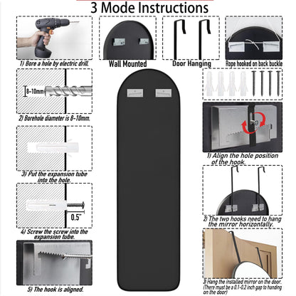 SCWF-GZ 47x14 Mirror Full Length Back Door Hanging or Wall Mounted Aluminum Metal Frame Arch Mirrors for Entryway Bedroom Bathroom Dressing Living Room 47 14 inch Black