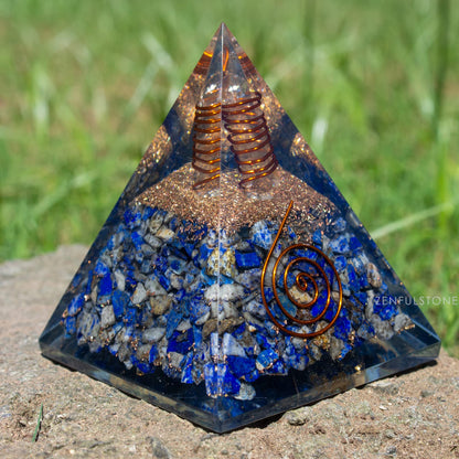 Lapis Lazuli Orgone Pyramid for Wisdom, Harmony, Honest & Self-Awareness | Orgonite pyramids with Copper Coil and Crystal Quartz for Chakra Protection