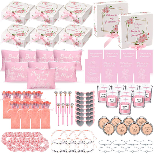 Nuogo 88 Pcs 8 Sets Bridesmaid Proposal Gift Wedding Bridesmaid Box Set Maid of Honor Gift Include Box Candle Invited Cards Scrunchies Hair Elastics Ties Knotted Bracelets Diamond Pens(Pink,Fresh)