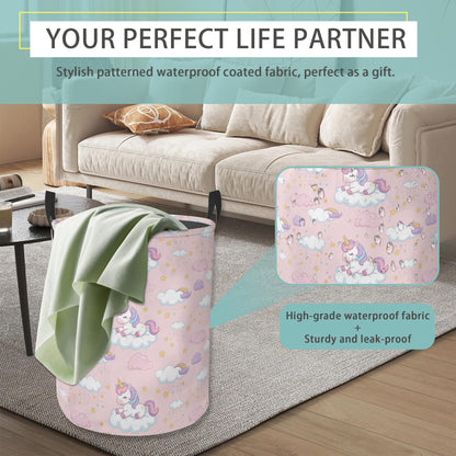 Cute Pink Unicorn Round Laundry Hamper Storage Basket Toys Clothes Organizer Bin For Home Bathroom Bedroom Dorm Nursery