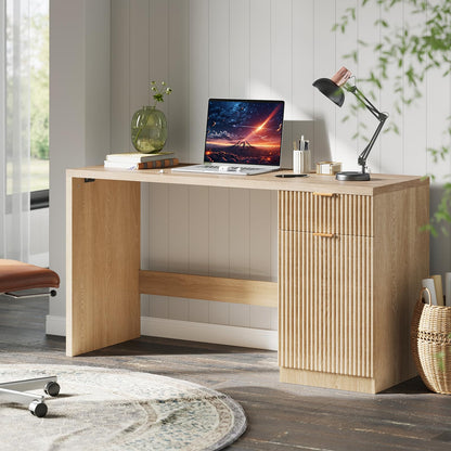 IDEALHOUSE Fluted Executive Desk with Drawers, 60" Modern Home Office Desk with Storage Cabinet, Wood Fluted Computer Desks Workstation for Working, Studying, Writing, Natural Oak
