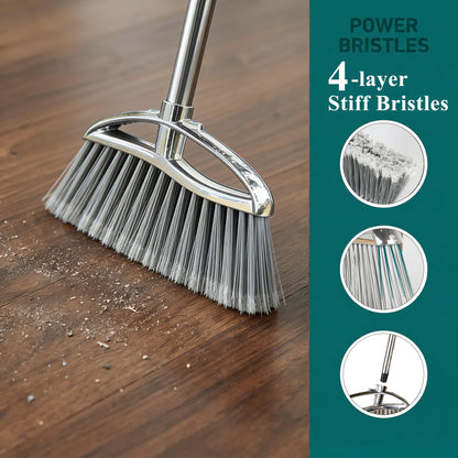 Metal Dustpan and Heavy Duty Broom Set, Stand Up Dustpan with Outdoor Stiff Bristles Broom for Hardwood Patio Room Office Floor Sweeping