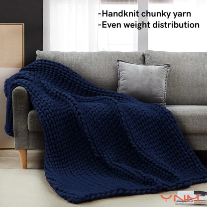 YnM Weighted Blanket, Handmade Chunky Knitted Design, Soft and Cozy, Temperature Regulating and Breathable, Machine Washable Throw for Sleep or Home Decor (Prussian Blue, 50x60 Inch, 10lbs)