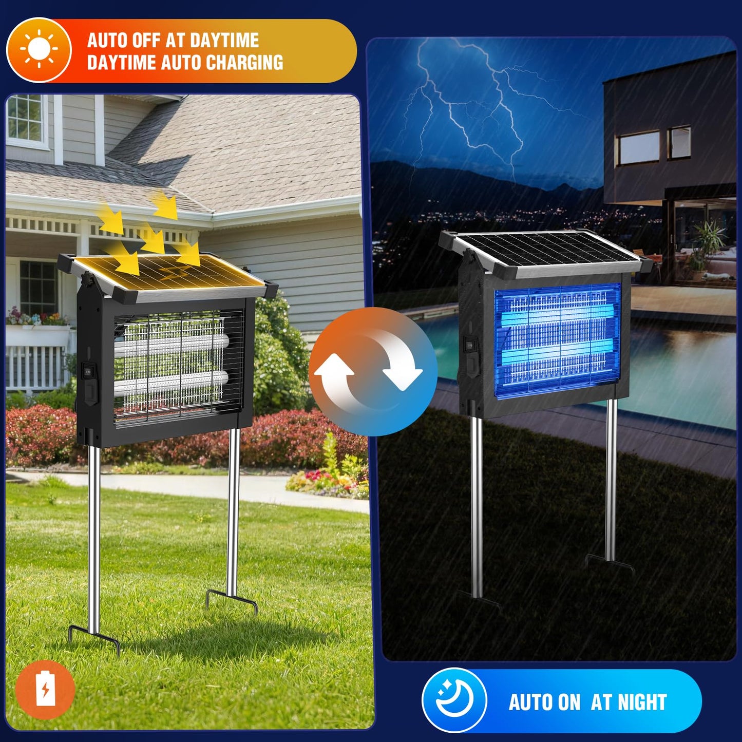 Solar Bug Zapper Outdoor Waterproof, 4500V Rechargeable Mosquito Zapper with Solar Panel Sensor, Auto ON/Off, 10ft Extension Cord & Solar Powered Bug Zapper, Cordless Insect Zap for Patio Yard Garden