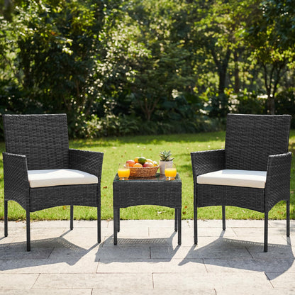 DUMOS 3-Piece Patio Furniture Set, All-Weather Outdoor Wicker Chairs with Removable Cushions & Tempered Glass Table, Small Bistro Set for Porch, Balcony, Lawn, Backyard, Black