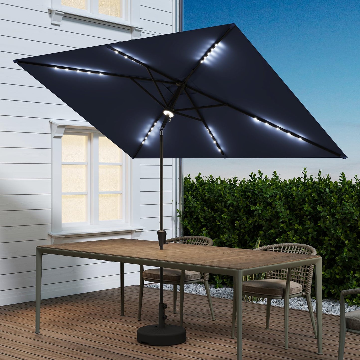 C-Hopetree 6.5 x 10 ft Rectangular Outdoor Patio Market Table Umbrella with Solar LED Lights, Navy Blue
