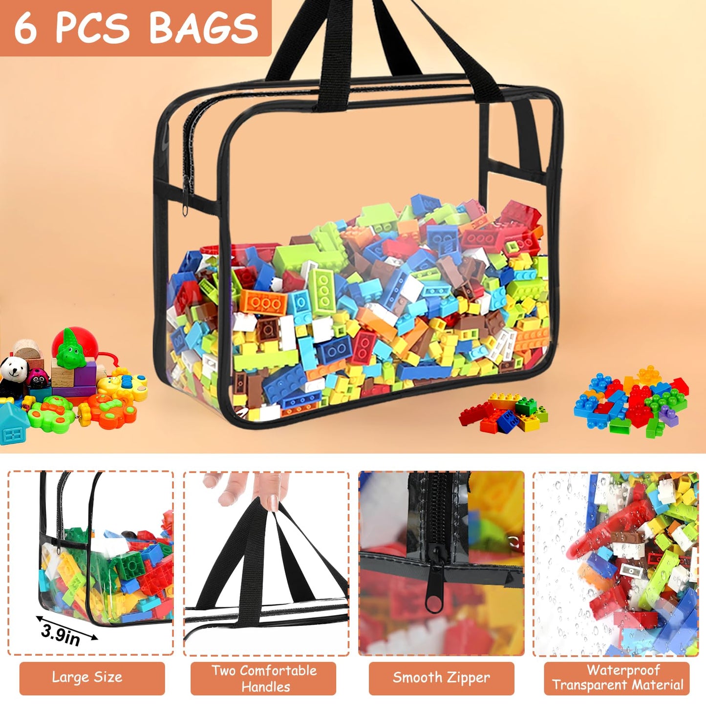 6 Packs Large Toy Storage Bags with Labels, Reusable Clear PVC Board Game Storage, Travel Waterproof Organizer Bags with Zipper for Building Blocks, Puzzle, Kids Books