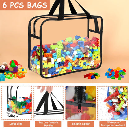6 Packs Large Toy Storage Bags with Labels, Reusable Clear PVC Board Game Storage, Travel Waterproof Organizer Bags with Zipper for Building Blocks, Puzzle, Kids Books