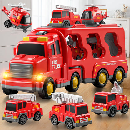 JUKUDAHU Truck Toys for 3 4 5 6 Years Old Boys, Toddler Car Toys for Toddler Boys Ages 3-5, Fire Toys Car Carrier Vehicle Toy Set, Kids Toys Truck Set for Age 3-9
