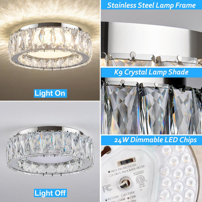 Gisisee 11 Inch Chrome Modern Luxury Crystal Flush Mount Ceiling Light Fixture,5CCT 3000K-6000K 24W,Round Small Dimmable Led Chandelier Hallway Lighting for Entryway,Kitchen,Bedroom,Laundry Room