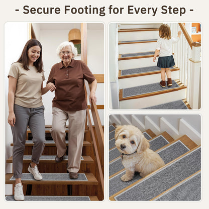 Carpet Stair Treads Non Slip - 4 Pack 8" x 30" Peel and Stick Stairs Tread for Wooden Steps Washable Stair Runners Rug Stain Resistant Edging Staircase Mat for Kids and Dogs(4pc, Grey)