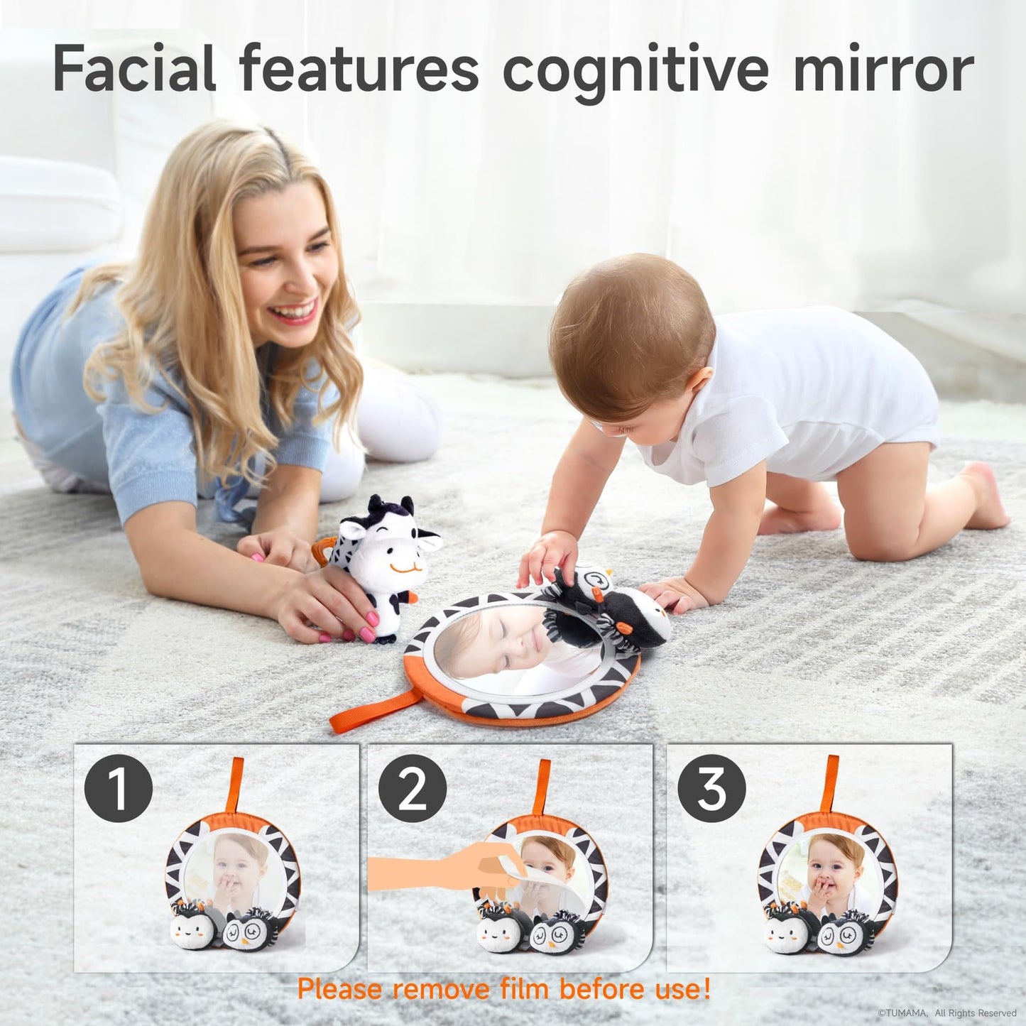 TUMAMA Black and White Baby Toys, High Contrast Tummy Time, Newborn Soft Books Mirror Rattles, Montessori Sensory 0-12 Months, Hanging Infant for Carseat Stroller Play Mat Crib
