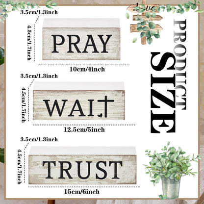 CroBlissful 4 Pcs Farmhouse Wooden Tabletop Decor Bible Verse Decorative Sign Inspirational Religious Christian Table Decor Pray Wait Trust Centerpiece Easter Gifts for Home Kitchen Shelf Mantle