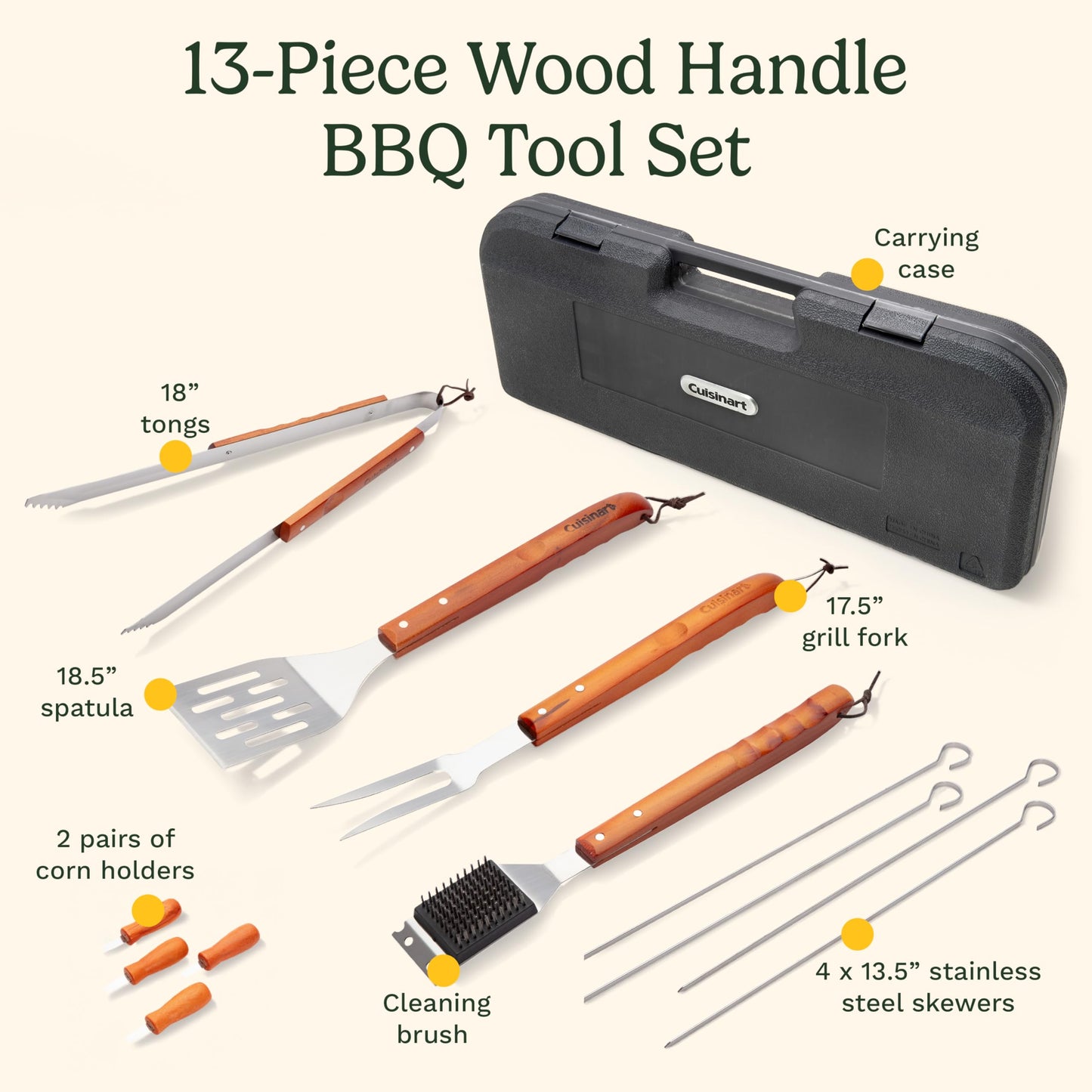 Cuisinart 13-Piece Wooden Handle Grill Tools Set, Grill Utensils Set BBQ Accessories, Durable Stainless Steel Spatula, Tongs, Cleaning Brush & More, Compact Case, Grilling Gifts for Men, CGS-W13