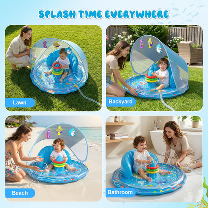 Qmioti Baby Splash Pad with Canopy, Inflatable Baby Pool with Sprinkler, Stackable Rings & Hanging Toys, Water Sprinkler for Kids, Summer Outdoor Water Play Toys for Baby Toddlers