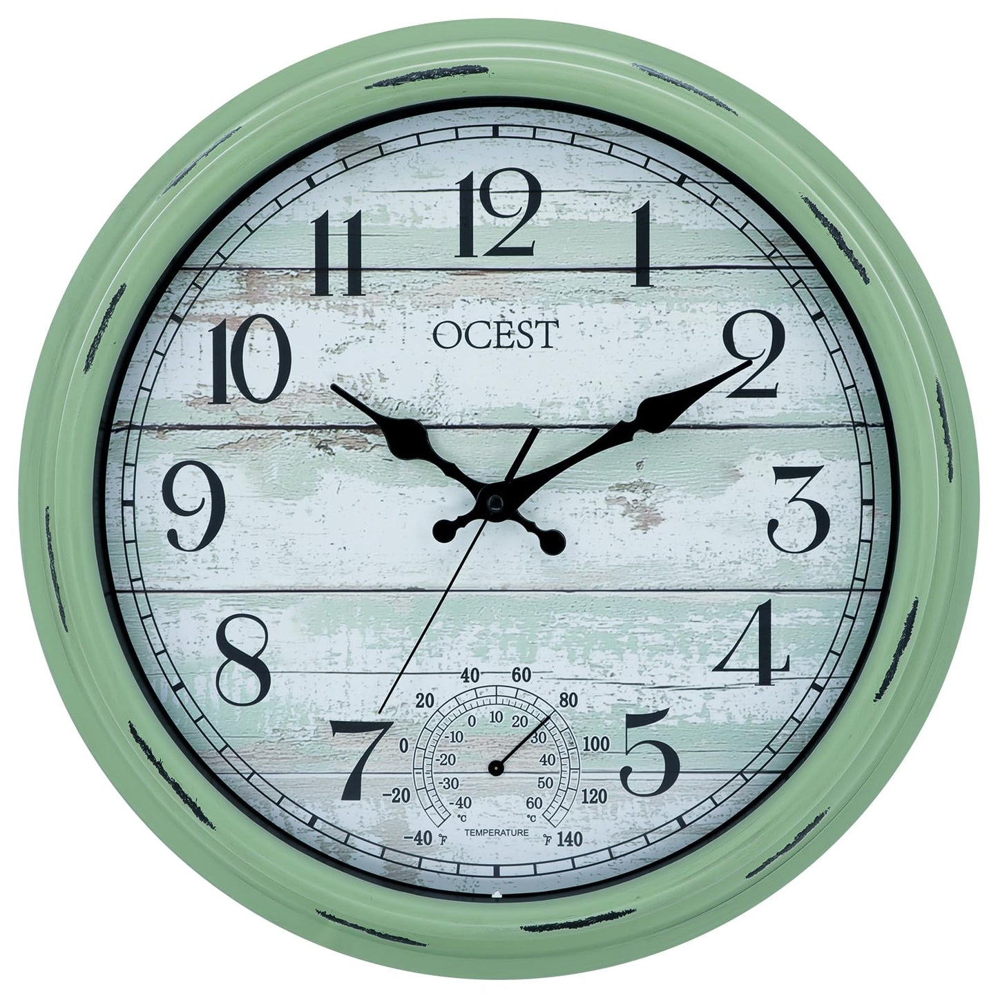 OCEST 16 Inch Indoor Outdoor Clock, Waterproof Large Wall Clock with Thermometer, Silent Non-Ticking Battery Operated Decor for Patio Pool Porch Garden Garage（Retro Green）