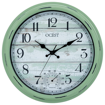 OCEST 16 Inch Indoor Outdoor Clock, Waterproof Large Wall Clock with Thermometer, Silent Non-Ticking Battery Operated Decor for Patio Pool Porch Garden Garage（Retro Green）