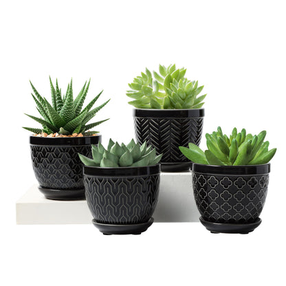 Sureasy Ceramic Plant Pots, 4.7 Inch Flower Pots for Indoor Plants, Succulent Pots with Saucer and Drainage Hole, Decorative Planter for Succulent, Cactus, Set of 4, Black