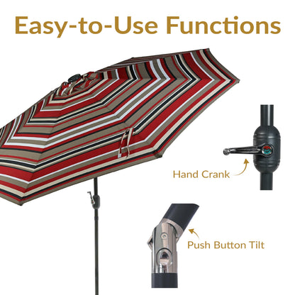 Sunnydaze 9 ft Striped Patio Umbrella with Solar Lights - Polyester LED Table Market Umbrella with Tilt and Crank - Awning Stripe