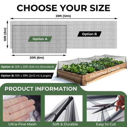 Mosquito Netting Garden 39x10Ft, Garden Mesh Netting, Fly Insect Bird Net Barrier for Plant Protection Net for Patio Outdoor Use (Black, 39x10FT)