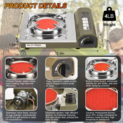 MOZODAWN Dual Fuel Camp Stove, 8000 BTU Infrared Butane & Propane Portable Gas Stove, Windproof Single Burner with Carrying Case | Storage Bag | Hose Adapter, Outdoor Camping Essentials