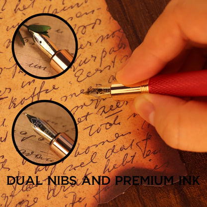 DUNBONG Luxury Fountain Pen, Aureate Gold Powder Finish, Gold Plating and Red Lacquer, Intricate Engraved Pattern, Gilded Medium Nib, Refillable Ink Converter, Luxury hard Gift Box(lion)