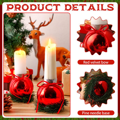 Suncalla 6 Pcs Red Christmas Tealight Candle Holder Christmas Dinner Table Decorations Ball Candlestick Holder with Bow and Wreath for Party Indoor Decorations
