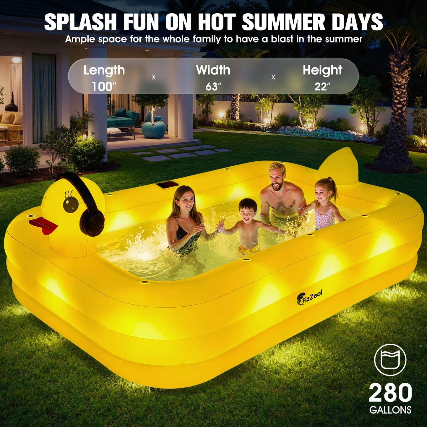 FizZeal Inflatable Pool with Lights,Solar Duck Inflatable Swimming Pool for Kid,Blow Up Pool for Adults,Large Inflatable Kiddie Pool,Durable Thickened Family Inflatable Kid Pool for Backyard 100*63*22