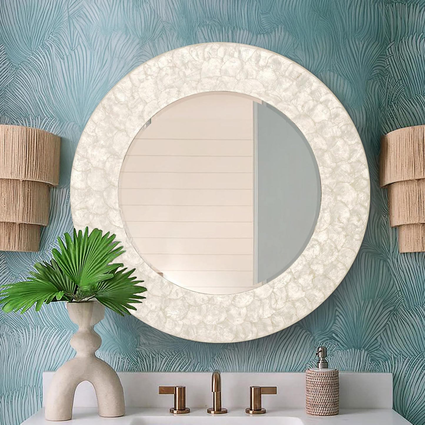 Autdot Capiz Shell Round Mirror, 30'' Coastal Mirror with Natural Capiz Seashell Frame, Decorative Circle Wall Mirrors for Living Room Mantel Bathroom Entryway