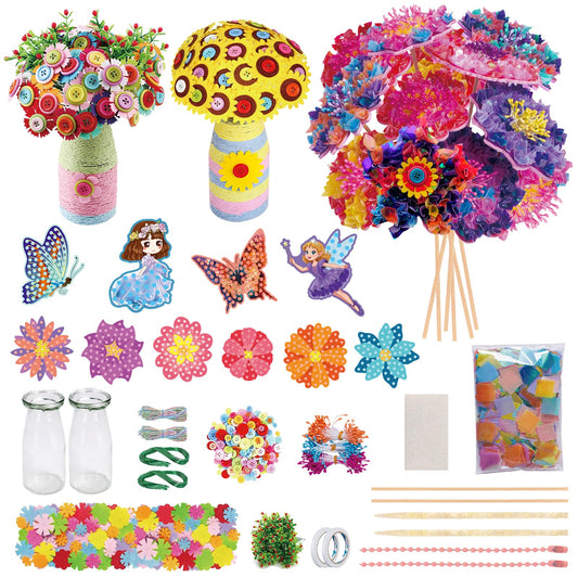 Mostop Poke-in Art Flower Bouquet DIY Craft Kit for Girls Age 4-5 6-7 8-12, Mess-Free Button Felt Flower Making Set, Creative Activity Educational Birthday Gift Toys for 6-8 8-10 Year Old Kids
