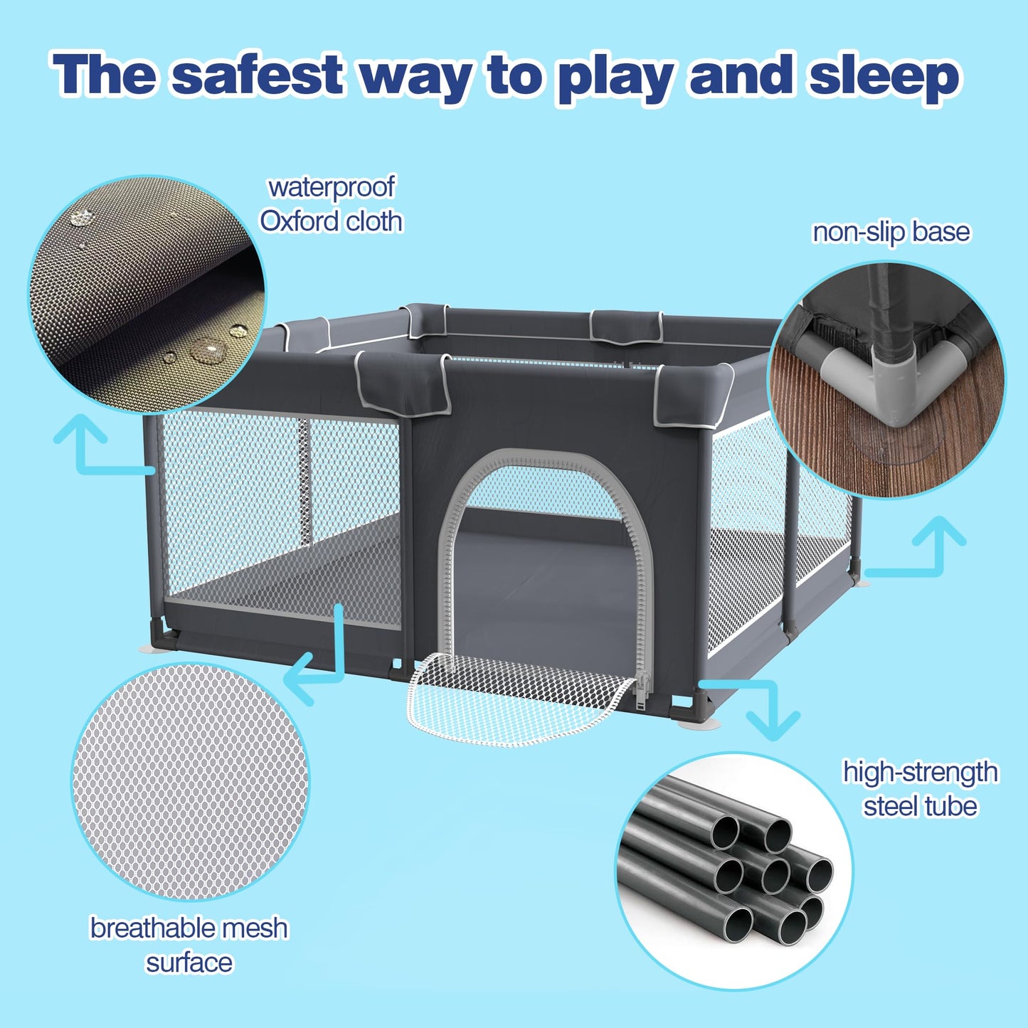 Grobeybees Baby Playpen with Mat, Playpen for Babies and Toddlers, Large Baby Play Pen with Pad, Playard with Bag, Indoor & Outdoor Play Pen, Sturdy Safety Play Yard with Soft Breathable Mesh (Grey)