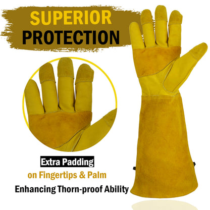 SPIR8UP Cowhide Rose Pruning Gloves, Thorn Proof Long Gardening Gloves for Women & Men, Durable Gauntlet for Cactus Handling (Yellow, Large)