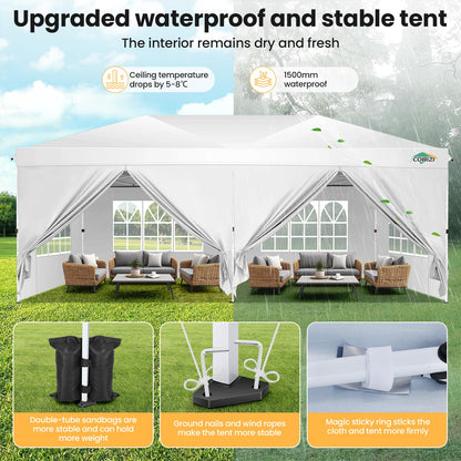 COBIZI 10x20 Pop Up Canopy Tent, One Push Easy Up Gazebo with 6 Removable Sidewalls & Air Vent, Waterproof UV50+ Commercial Canopy with 4 Sandbags, Stakes & Ropes for Parties/Camping/Backyard,White