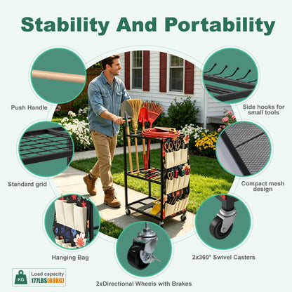 Garden Tool Organizer with Wheels & Storage Bag, 40 Inch Rolling Mobile Cart, 6-Hook Metal Storage Rack with Mesh Panel for Garage Shed Patio Organization, Black