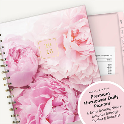 Blue Sky Rachel Parcell 2026 Daily and Monthly Planner Calendar, January 2026 - December 2026, 7" x 9", Hard Cover, Durable Twin Wire Binding, Laminated Tabs, Storage Pocket, Stickers, Peony