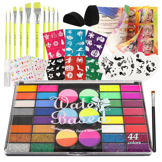 Pintada 44 Color Face Painting Kit for Party - Non Toxic Water Activated Face Paint Palette with Stencils, Brushes, Gems & Glitter. Halloween, Carnival; Costume Makeup for Creative Activities