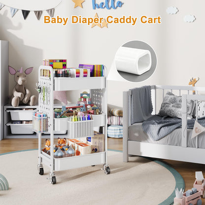 3 Tier Rolling Cart Metal with DIY Pegboard, White Utility Cart with Lockable Wheels, Three Tiered Craft Cart Organizer on Wheel, Utility Roller Storage Carts for Art, Baby Diaper Caddy, Snack, Book