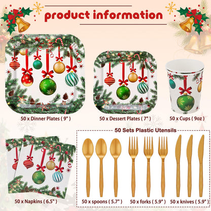 Ziliny 350 Pcs Christmas Party Supplies Christmas Tree Hanging Ball Party Tableware Set Square Paper Plates Disposable Napkins Cups Plastic Cutlery for Xmas Holiday Serves 50 Guests(Xmas Ball)