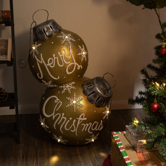Alpine Corporation Holiday "Merry Christmas" Stacked Ornaments Statue with Color Changing LED Lights, Gold , Christmas Decoration
